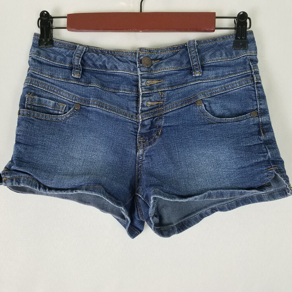 Blue Spice Denim Shorts Juniors 3 Blue Jean Low Rise Triple Button Medium Wash